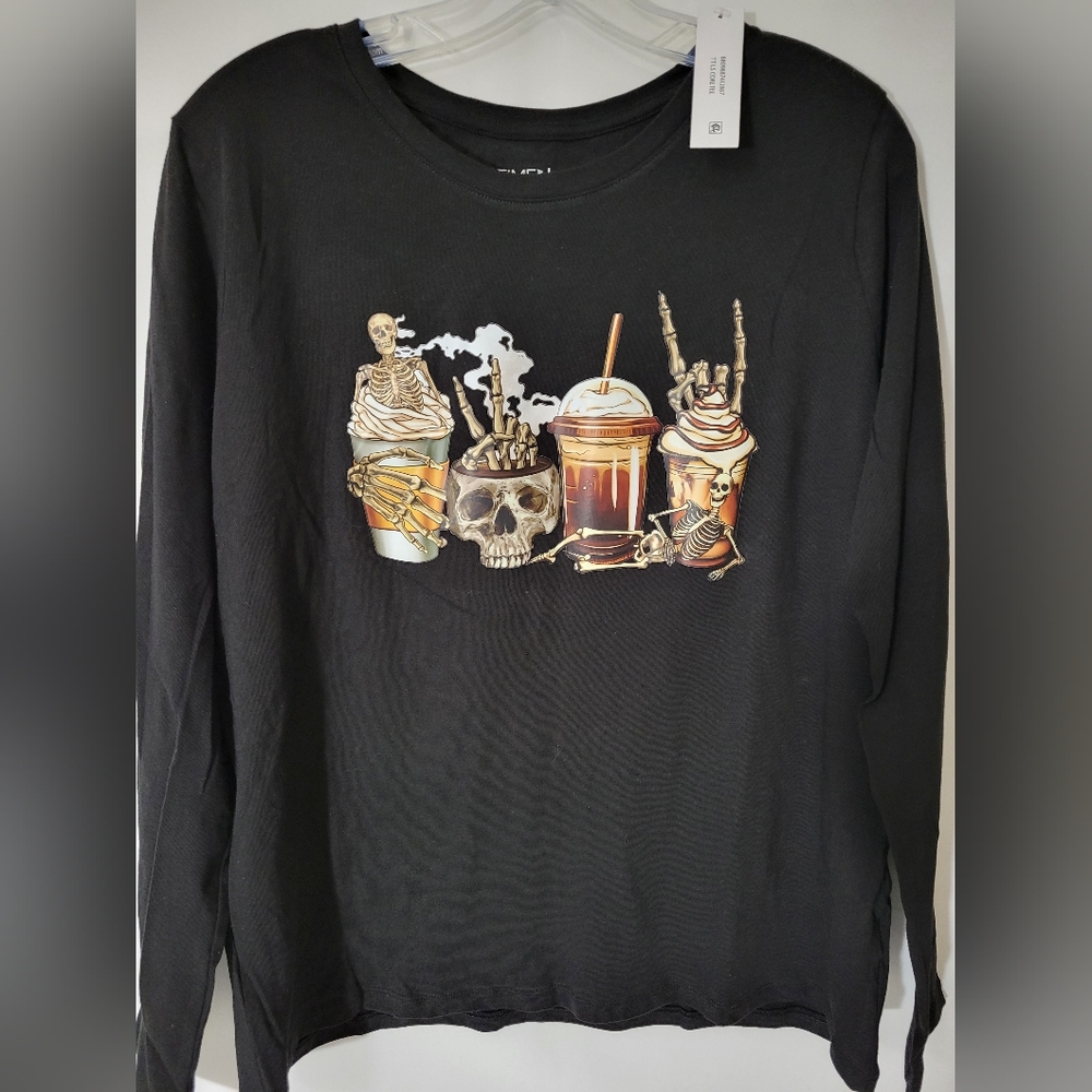 Long Sleeve Large Skeleton Fall Coffee Halloween Shirt New